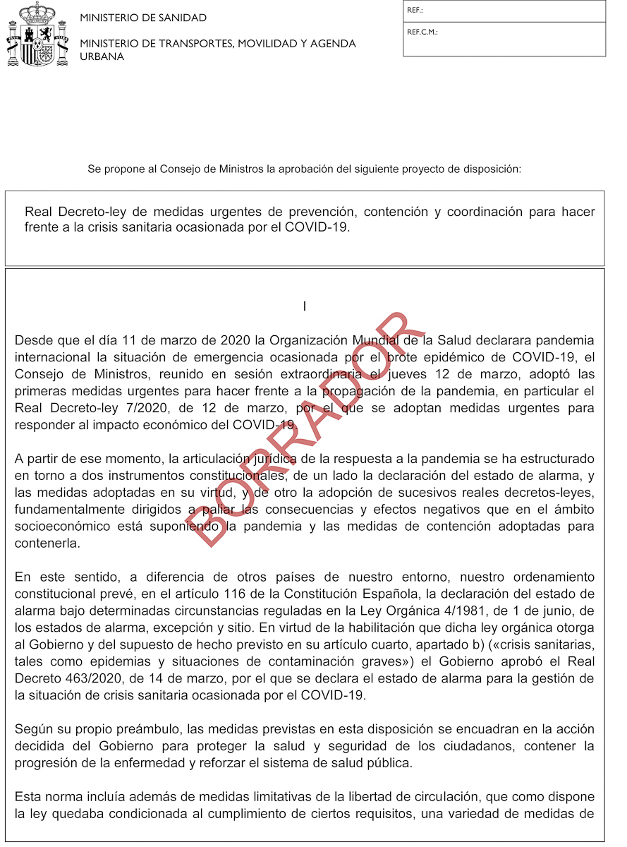 Detalle del borrador del Real Decreto-Ley de medidas urgentes por la Covid-19.