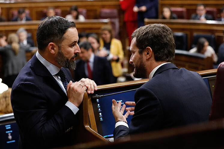 El presidente de Vox, Santiago Abascal (izqda.), conversa con el...