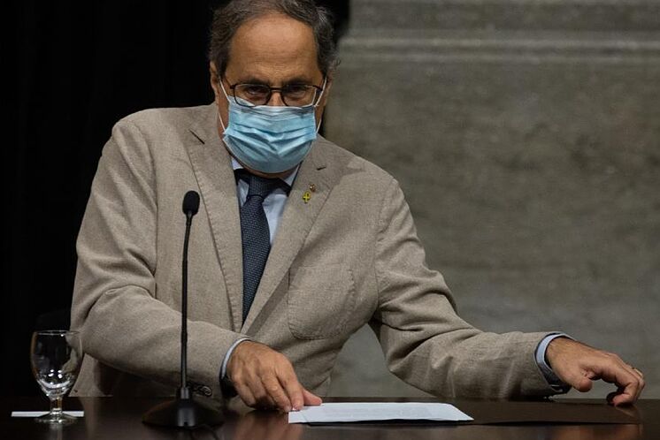 Quim Torra, aujourd'hui à Barcelone, lors de la signature d'un accord pour le ...