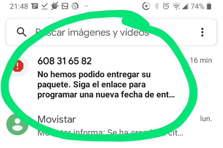 SMS avec la fausse notification d'un colis en attente de collecte.