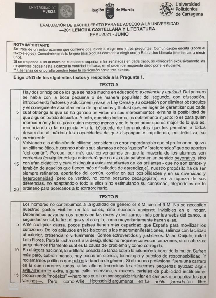 Examen de langue et littérature espagnoles de la Selectividad de Murcia.