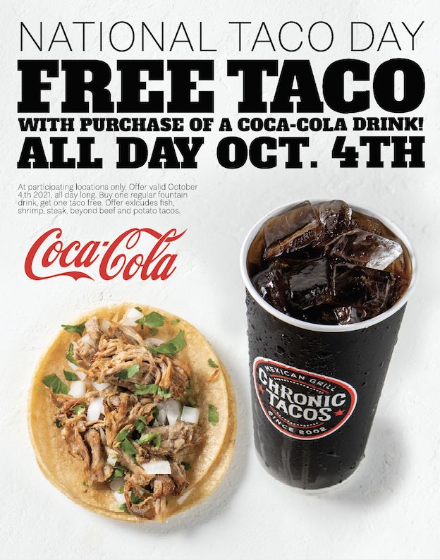 Chronic Tacos célèbre la Journée nationale des tacos avec des tacos gratuits avec achat d'une boisson le 4 octobre Chronic Tacos célèbre la Journée nationale des tacos avec des tacos gratuits avec achat d'une boisson le 4 octobre
