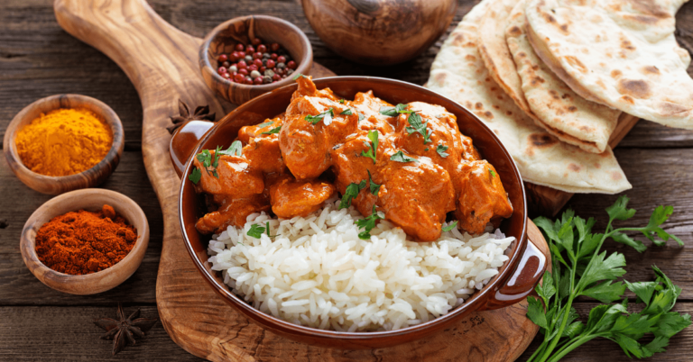 Spicy Curry with Rice and Naan Bread