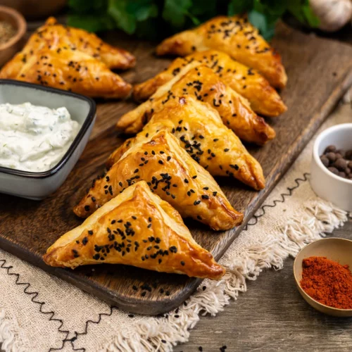 Copieuses poches de pâte feuilletée avec viande hachée et feta.
