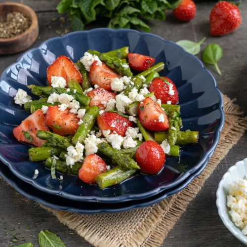 Salade d'asperges aux fraises et fromage de berger