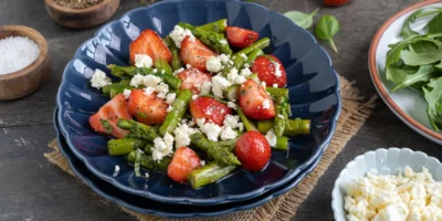 Salade d'asperges aux ▷ asperges vertes, fraises et fromage de berger