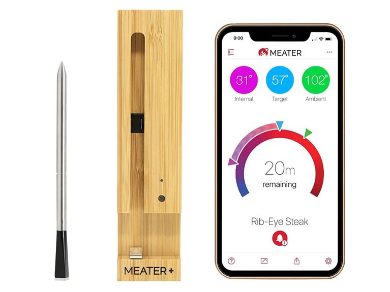 Thermomètre à viande intelligent Meater illustré avec corps en bois et application téléphonique.