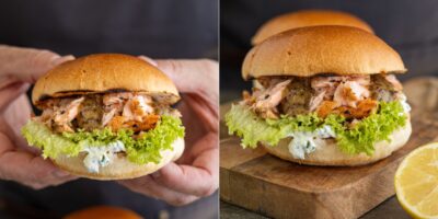 Burger de saumon à la crème de ciboulette & moutarde au miel