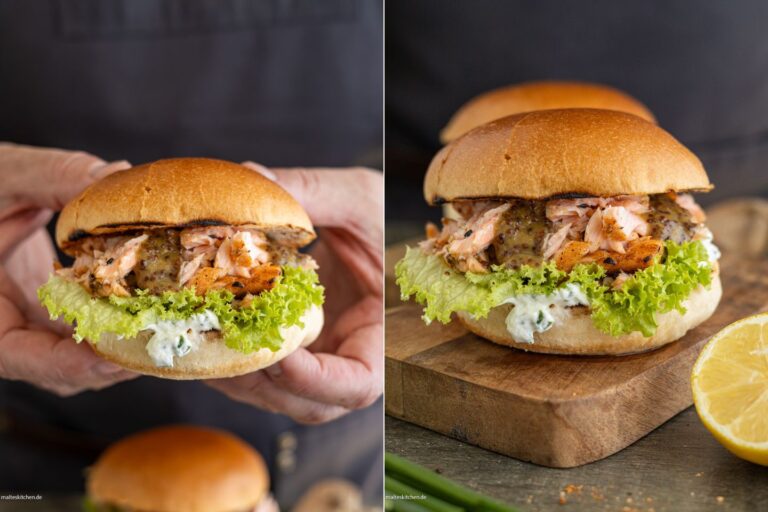 Burger de saumon à la crème de ciboulette & moutarde au miel