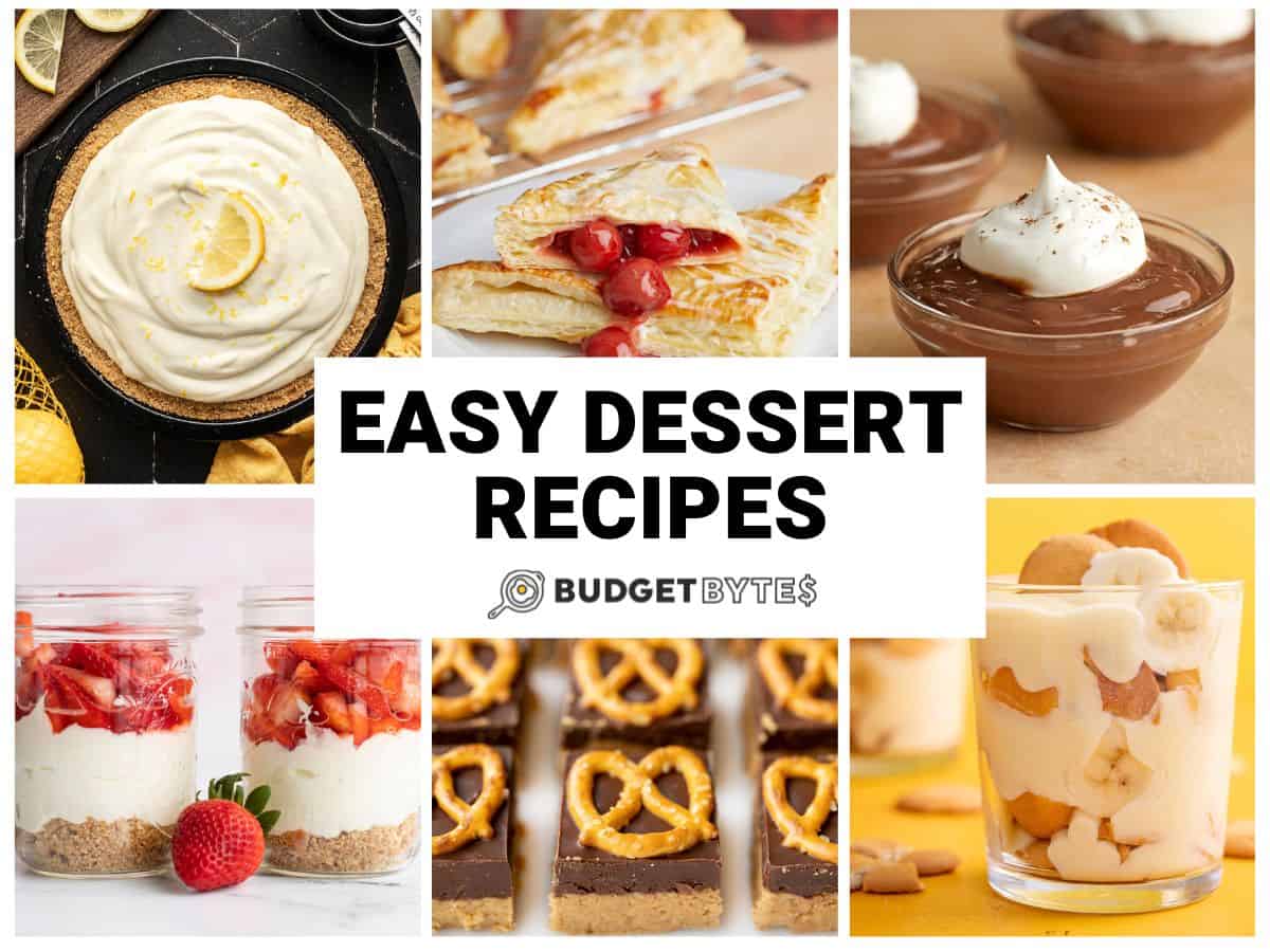 Collage de six recettes de desserts faciles avec le texte du titre au centre.