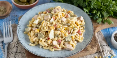 Salade de pâtes classique avec saucisse de viande et œuf