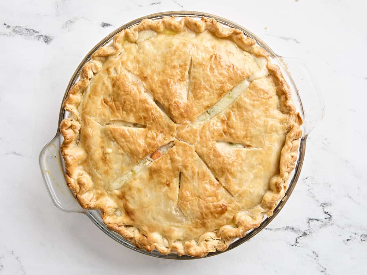 Une tourte à la dinde dans un moule à tarte.