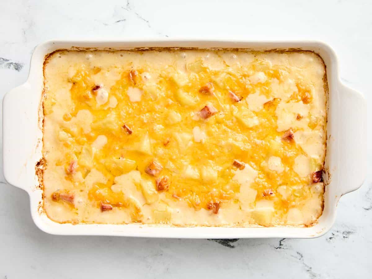 Casserole de jambon et de fromage fraîchement cuit dans un plat allant au four.