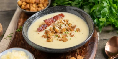Soupe au fromage avec croûtons à l'ail et bacon