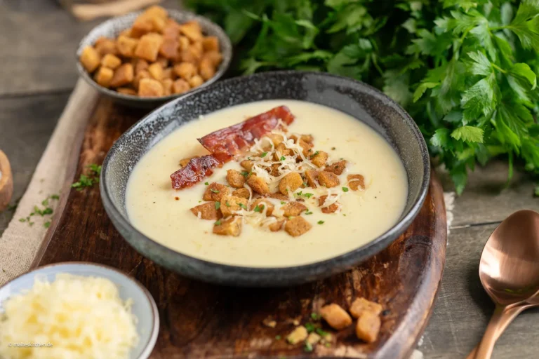 Soupe au fromage avec croûtons à l'ail et bacon