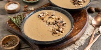 Soupe de marrons aux champignons poêlés et noisettes