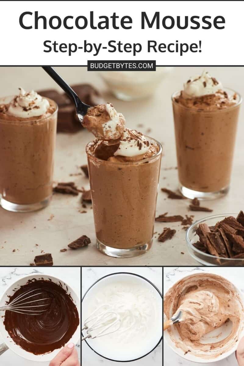 Coup à quarante-cinq degrés de trois petits verres avec de la mousse au chocolat garnie de crème fouettée et de chocolat rasé avec une cuillère en ramassant un peu. En dessous se trouvent trois photos du processus de fabrication de la mousse.