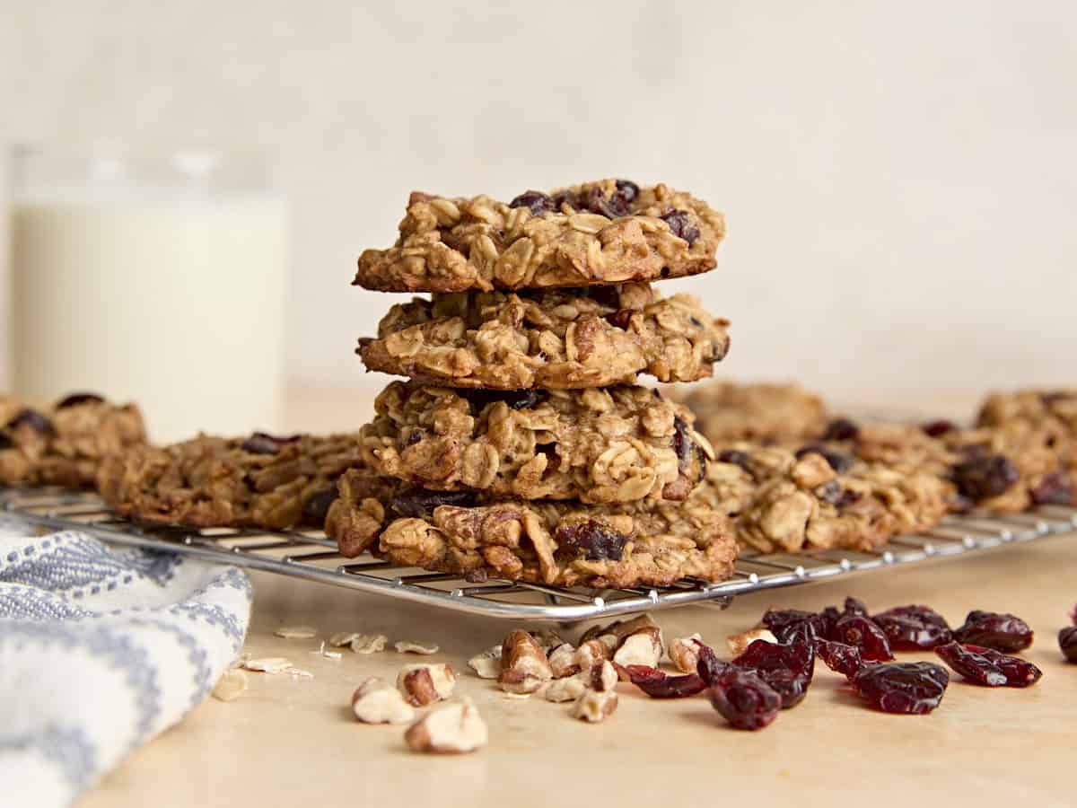 Side view of a stack of breakfast cookies on a plate.