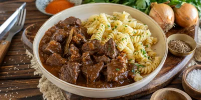 Goulash classique avec du bœuf et de la sauce crémeuse