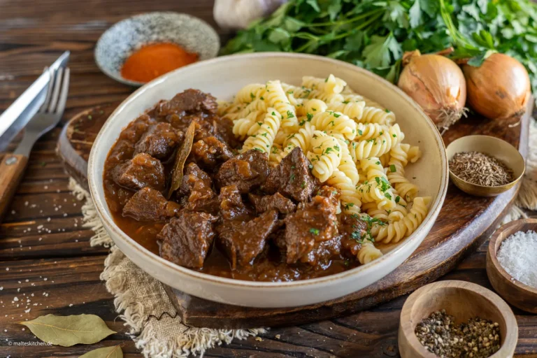Goulash classique avec du bœuf et de la sauce crémeuse