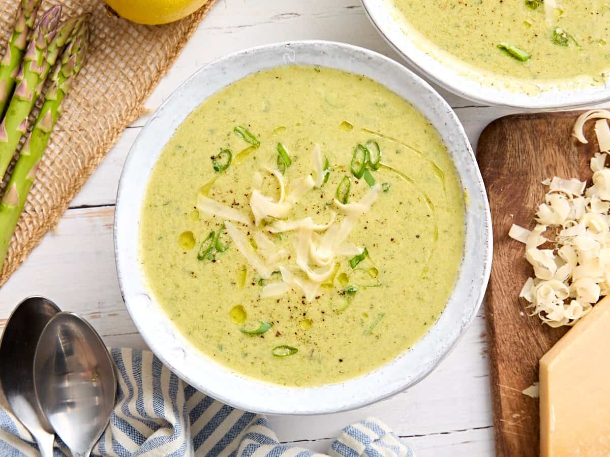Overhead view of homemade asparagus soup in a bowl.