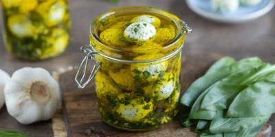 Boules de fromage à la crème avec de l'ail sauvage dans l'huile d'olive