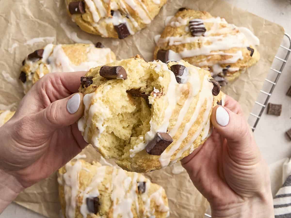 Les mains brisant un scone aux pépites de chocolat de levain en deux.
