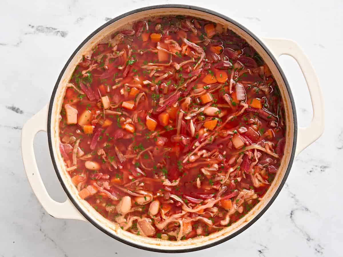 Terminé Borscht ukrainien fait maison dans une sauce.