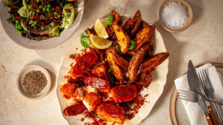Plateau de morue en croûte de chorizo ​​avec des coins à fryer et une salade habillée de déesse verte