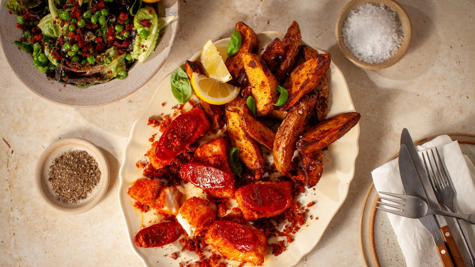 Plateau de morue en croûte de chorizo ​​avec des coins à fryer et une salade habillée de déesse verte