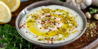 Feta Méditerranée avec des herbes, des pistaches et du miel