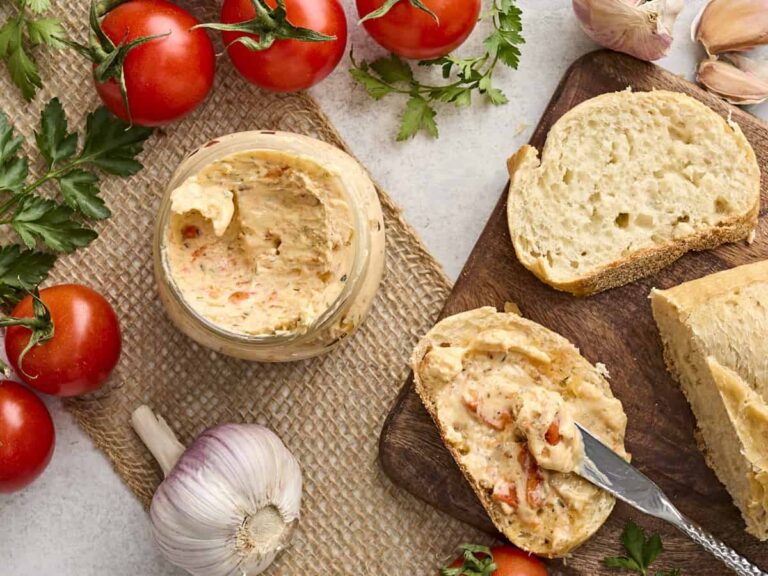 Overhead view of a jar of tomato butter, with some spread on a slice of bread.