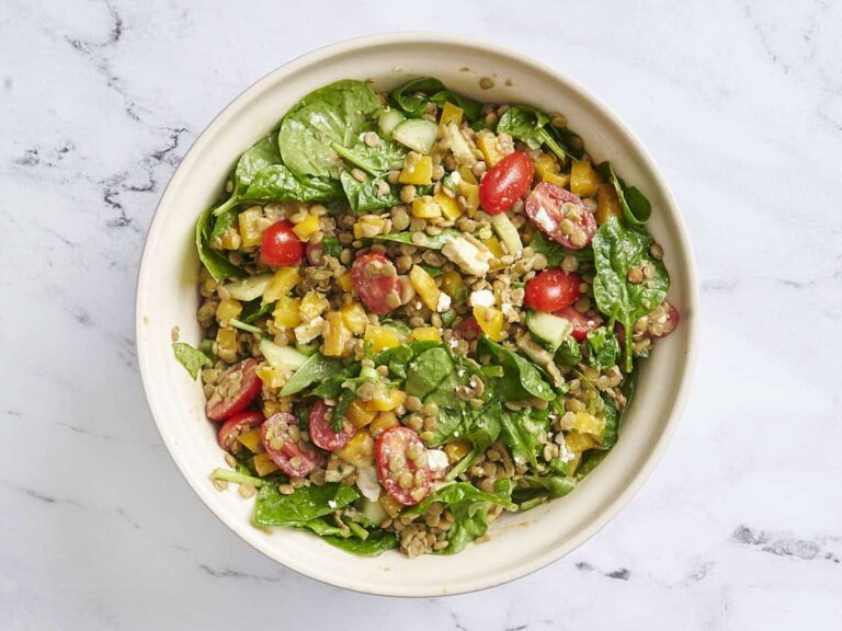 Finished summer lentil salad in a bowl.