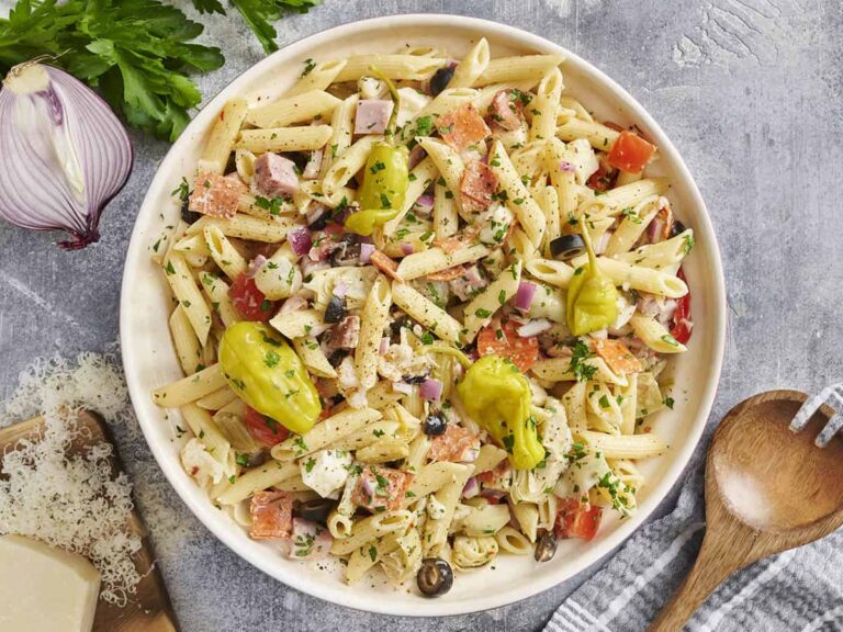 Overhead view of a bowl of antipasto pasta salad.