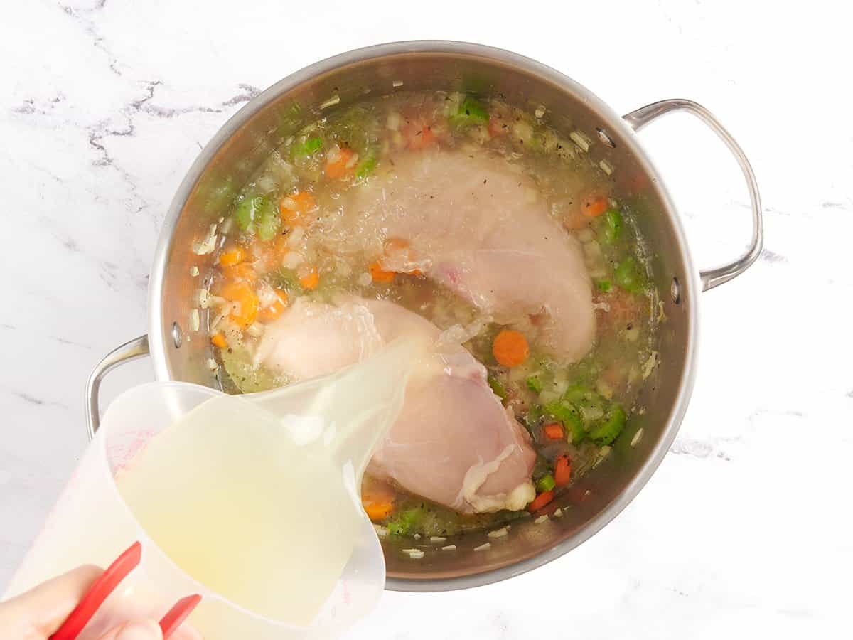 Les poitrines de poulet et le bouillon ont ajouté à une marmite.