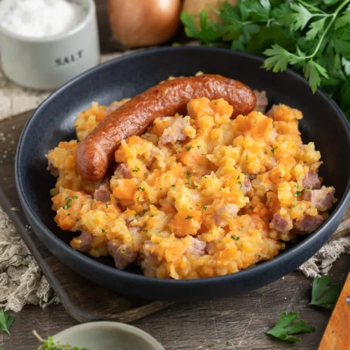 Carottes les uns avec les autres avec des saucisses de métro dans une espèce de Rheinische