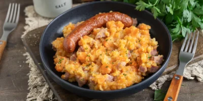 Carottes les uns avec les autres avec des saucisses de métro dans une espèce de Rheinische