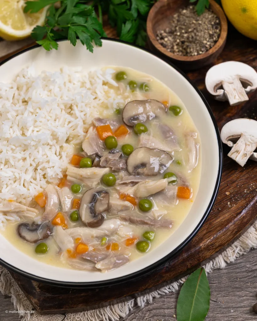 Fricasses de poulet aux champignons.