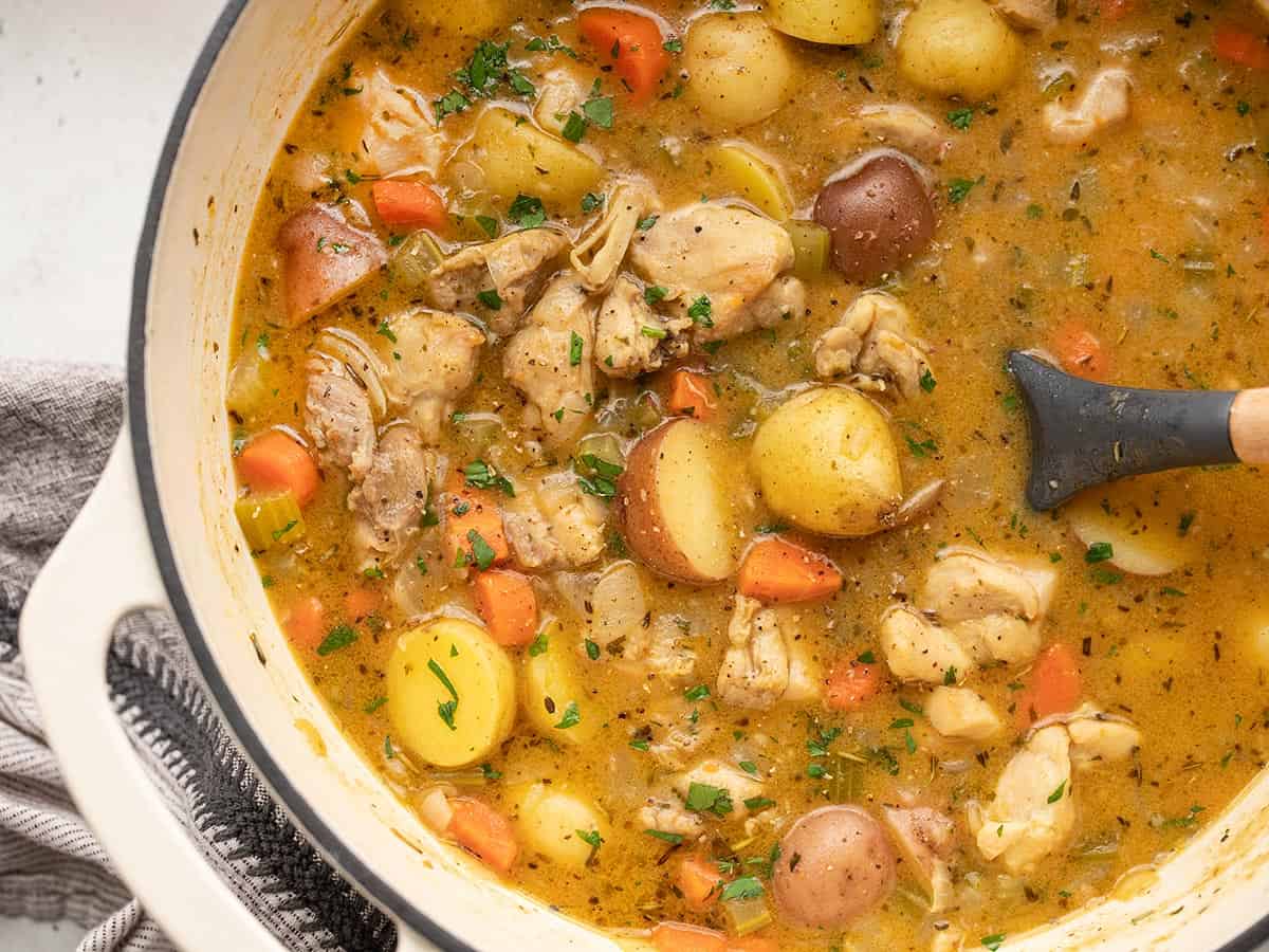 Gros plan d'une casserole pleine de ragoût de poulet