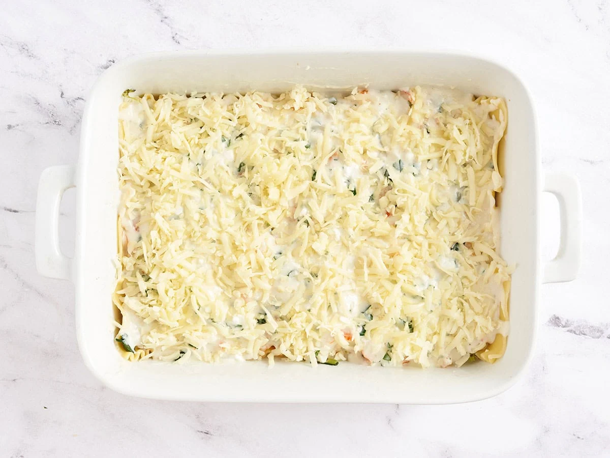 Une lasagne aux fruits de mer garnie de mozzarella.