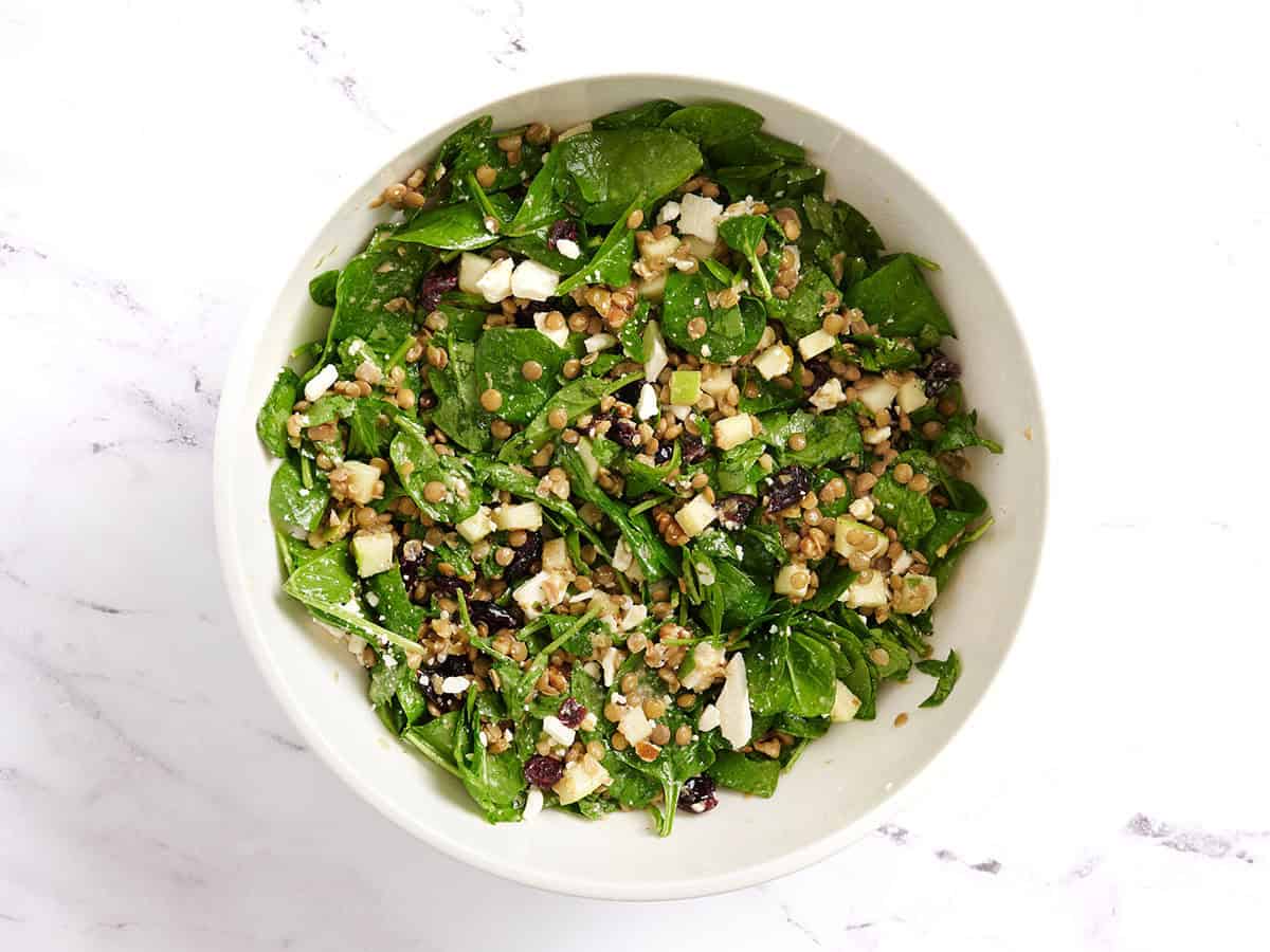 Salade de lentilles et canneberges finie dans un bol.