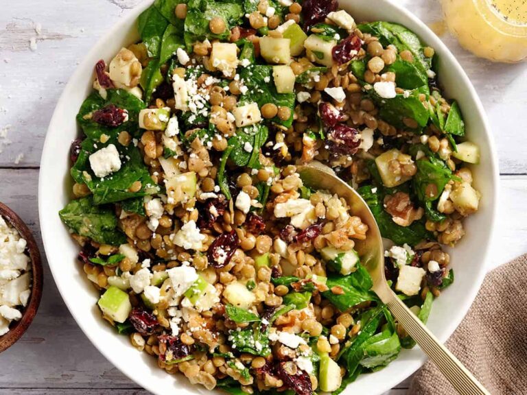 Overhead view on a cranberry and lentil salad in a bowl with a spoon.