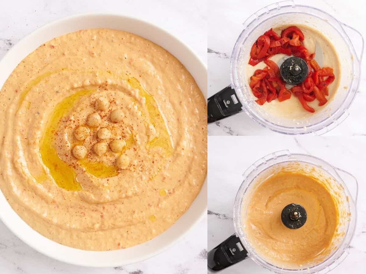 Un collage de photos de processus de houmous aux poivrons rouges rôtis.