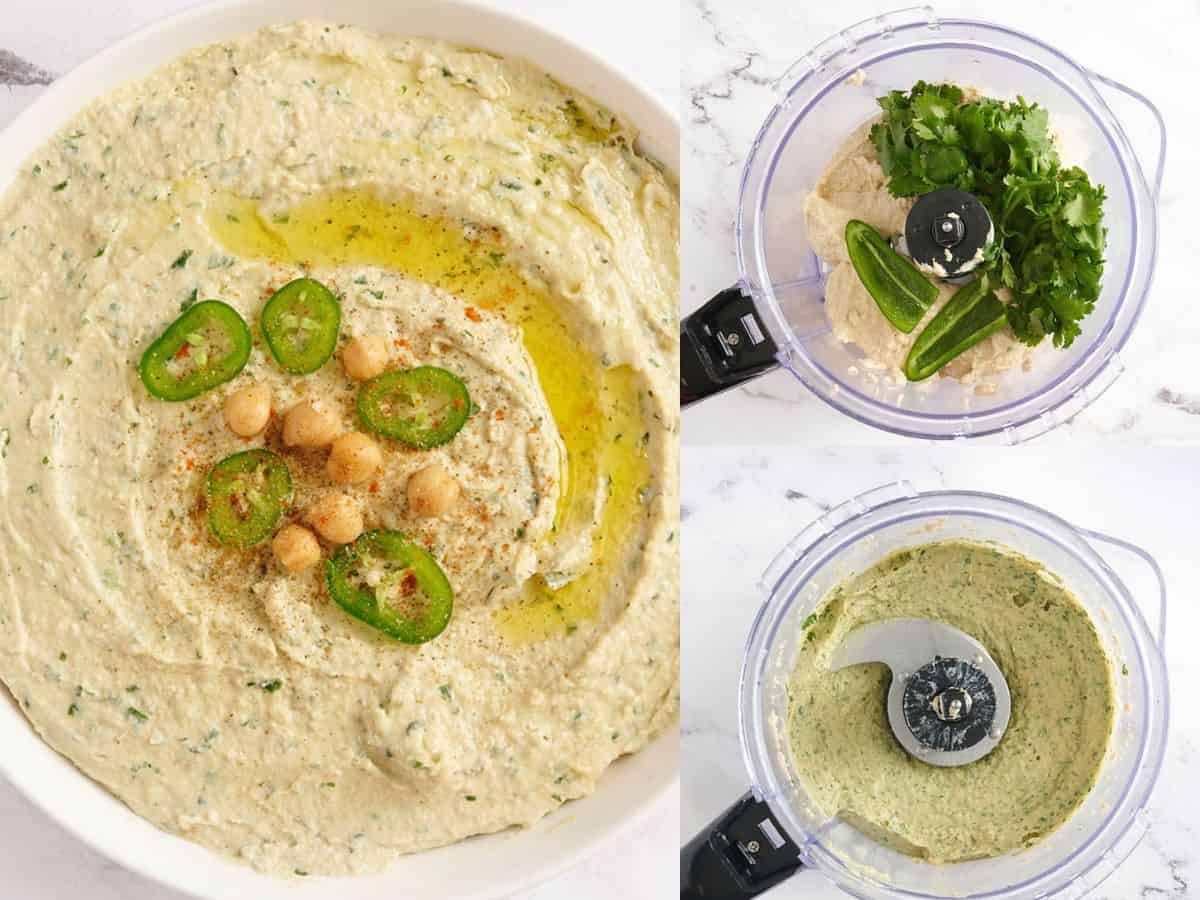 Un collage de photos de processus de houmous aux jalapenos et à la coriandre.