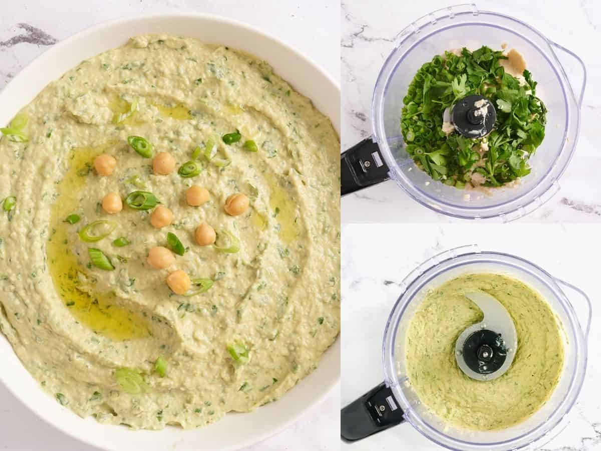 Un collage de photos de processus de houmous aux oignons verts et au persil.