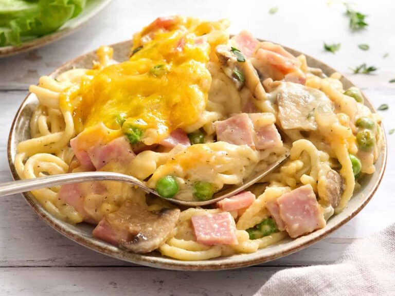 Side view of ham tetrazzini on a plate.