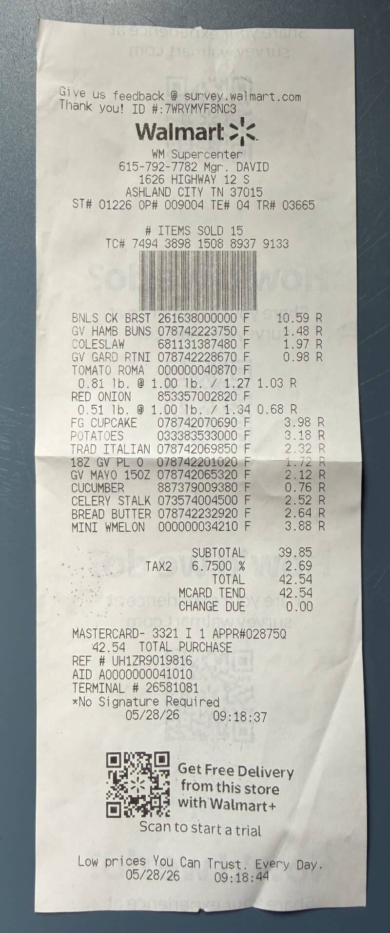 Reçu Walmart pour le menu de cuisine du 4 juillet