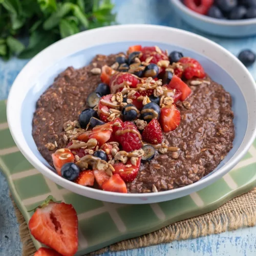 Porridge au chocolat, noix et baies