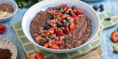 Porridge au chocolat, noix et baies