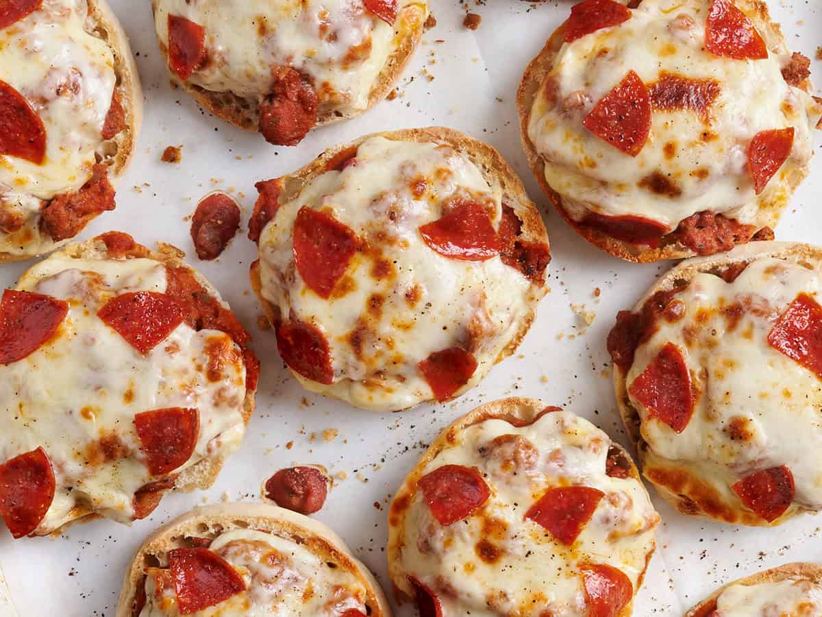 Overhead view of homemade pizza burgers.
